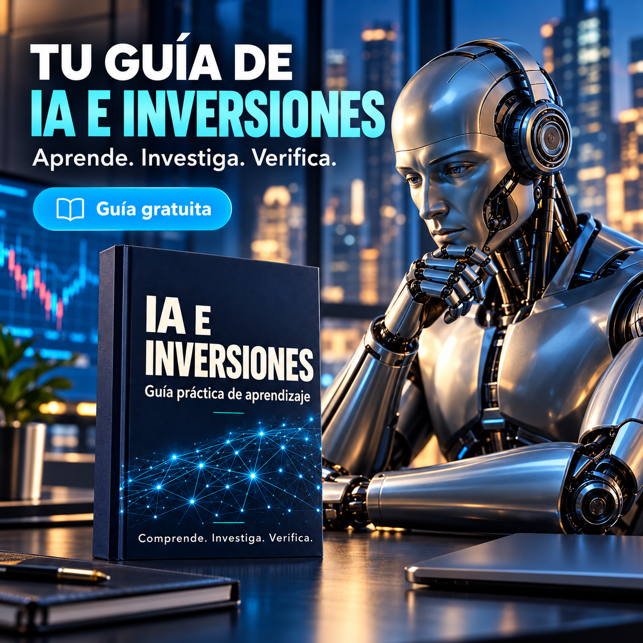Ilustración con IA de un robot junto a una guía sobre IA e inversiones